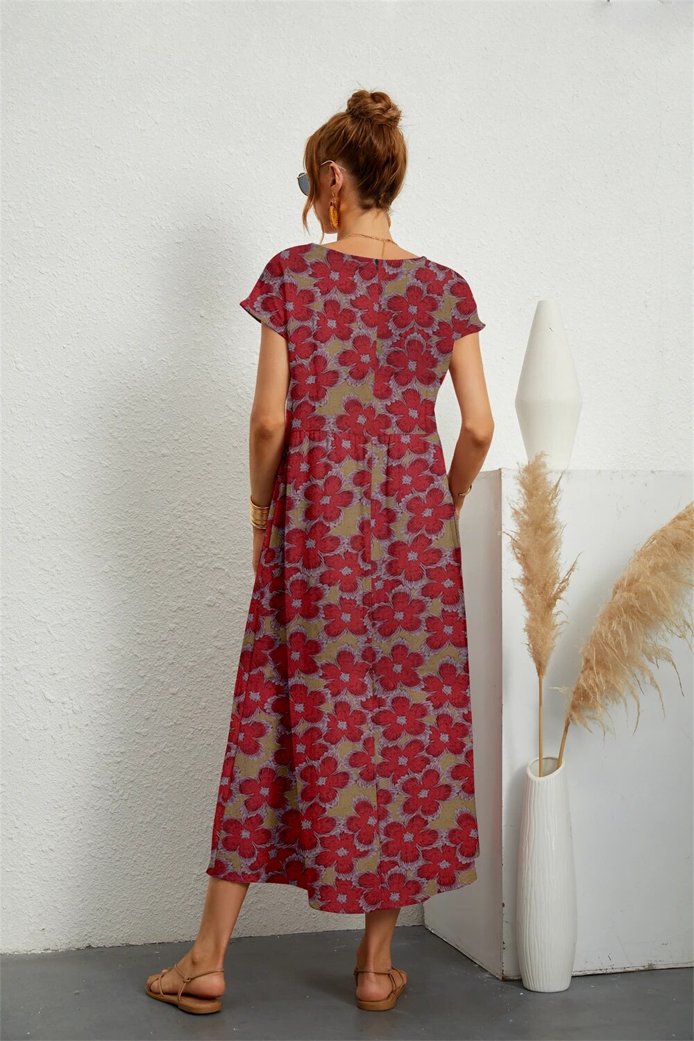 Robe Fleurie Femme Midi En Coton Et Lin À Manches Courtes