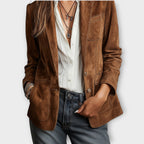 Blazer Femme En Daim Marron Coupe Ajustée Et Boutonnée