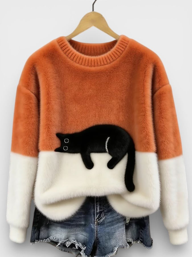Pull Femme En Coton À Imprimé Chat Et Coupe Ample