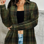 Chemise longue à carreaux avec poche poitrine pour femme