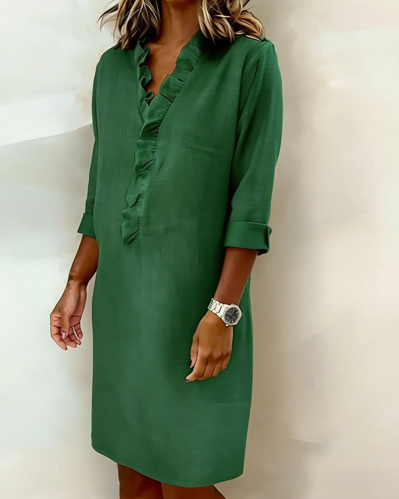 Robe Lin Femme À Col V Et Volants Manches Longues