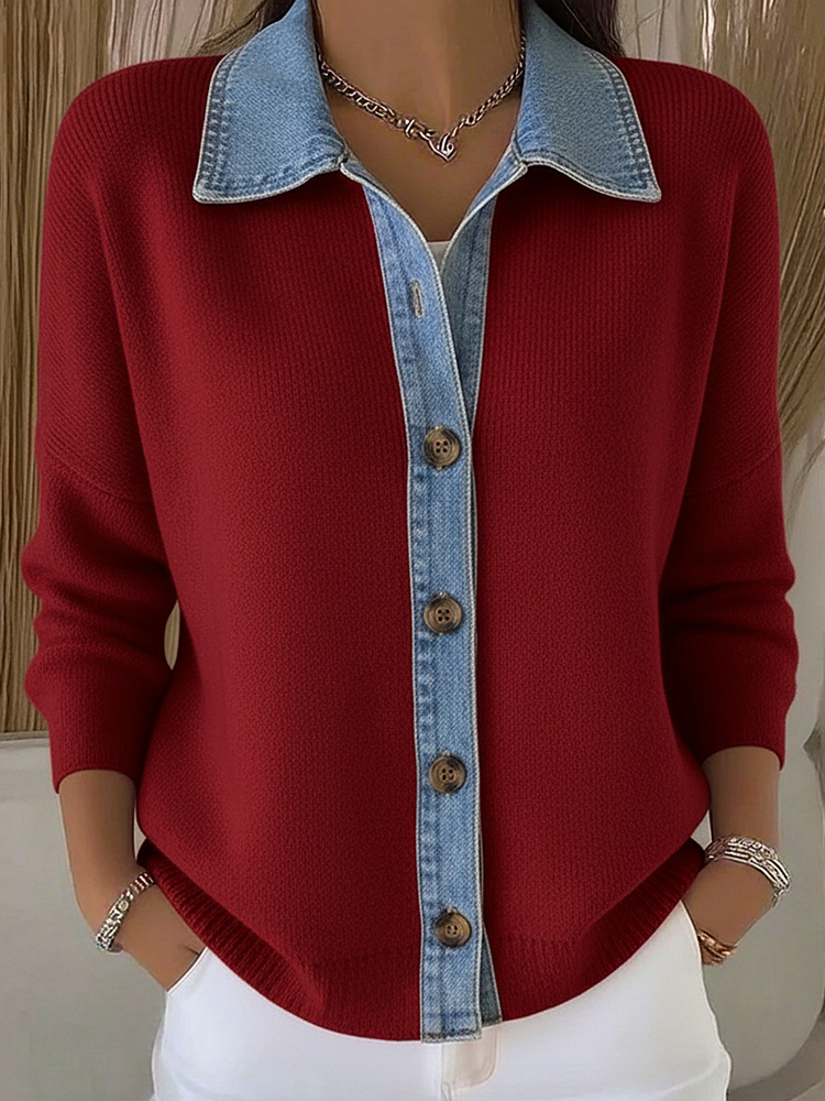 Cardigan Femme En Tricot Col Polo Avec Patchs En Denim