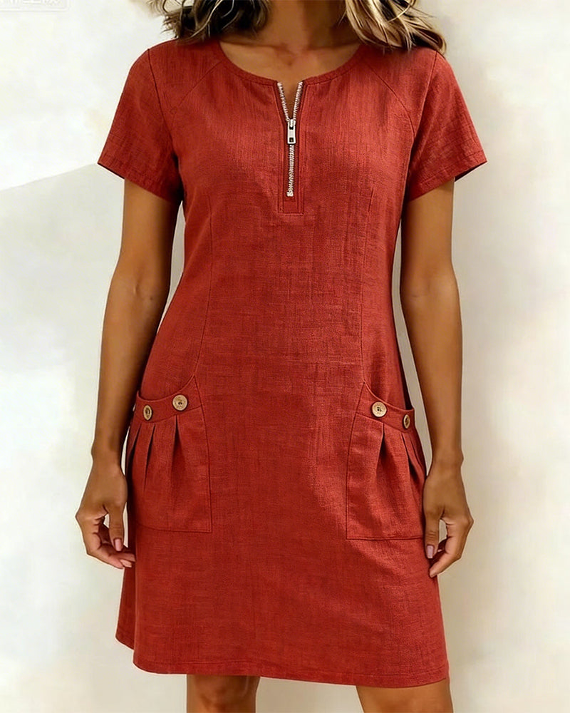 Robe courte coupe A-line en coton et lin à fermeture zippée pour femme