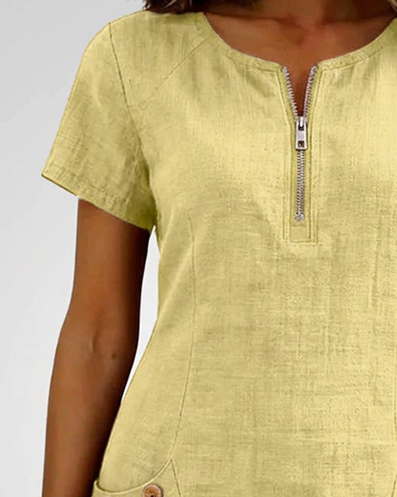 Robe courte coupe A-line en coton et lin à fermeture zippée pour femme