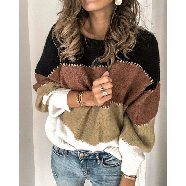Pull Femme En Maille Épaisse Patchwork Rayé À Col Rond