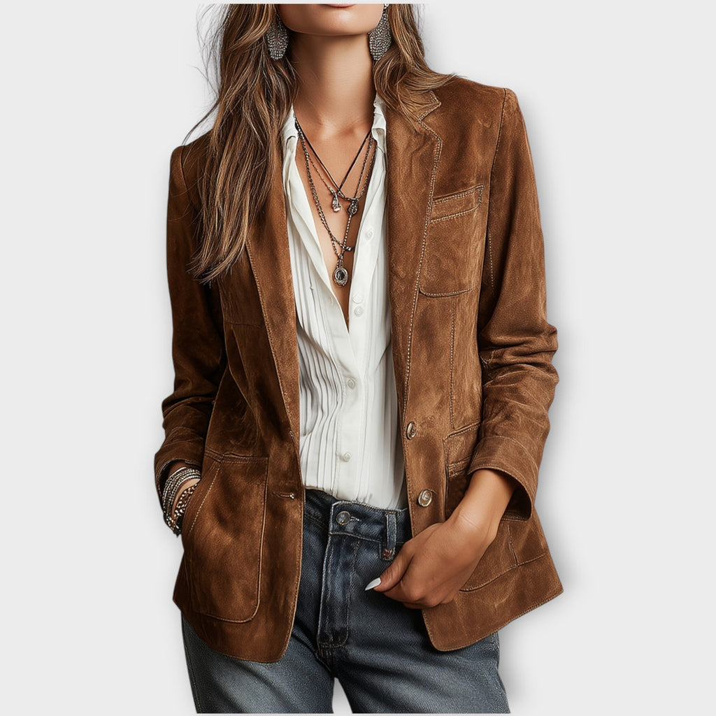 Blazer Femme En Daim Marron Coupe Ajustée Et Boutonnée
