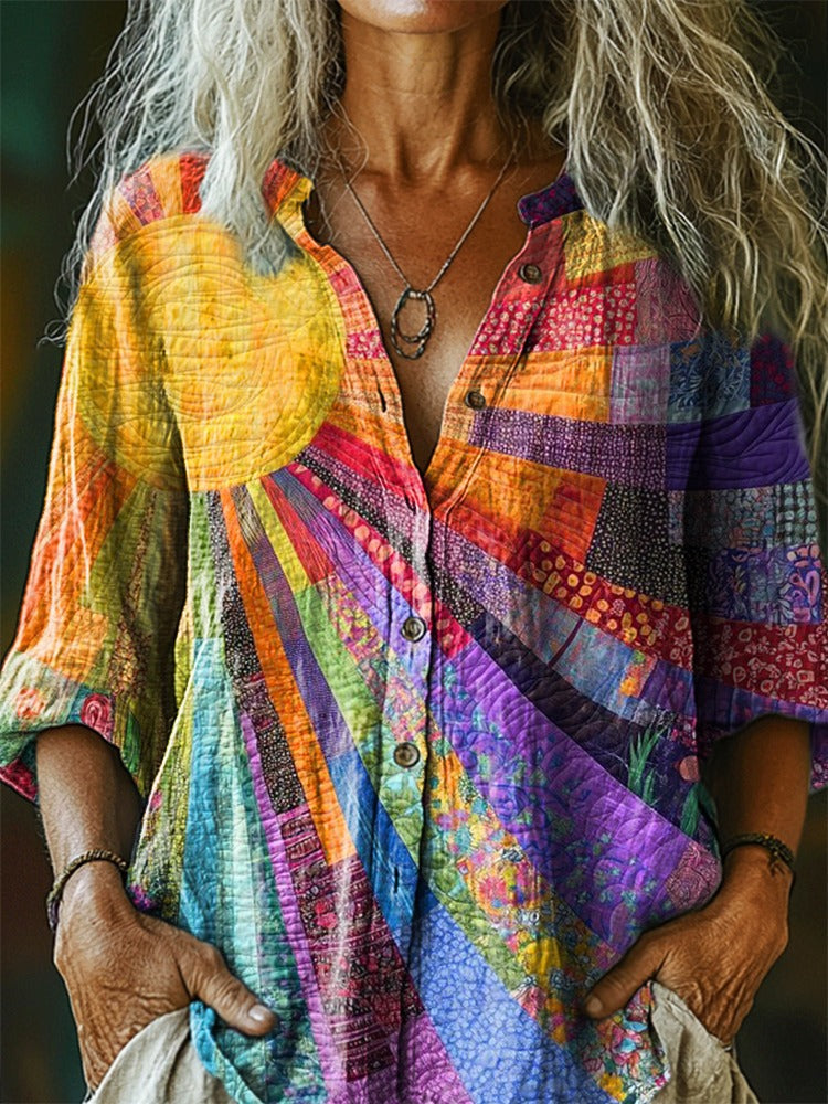 Robe bohème patchwork multicolore en coton et lin pour femme