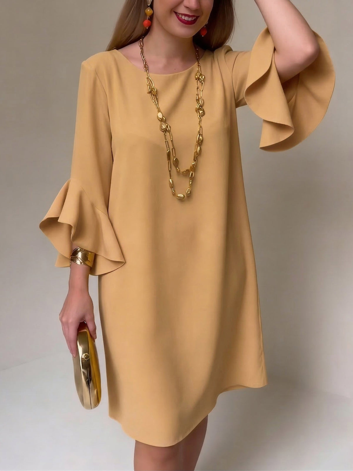 Robe Fluide Femme Courte À Manches Volantées Et Col Rond