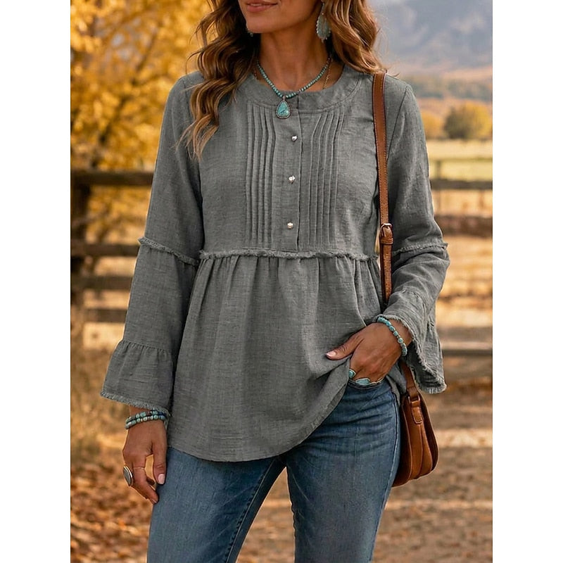 Blouse Plissée Femme À Basque Et Boutons