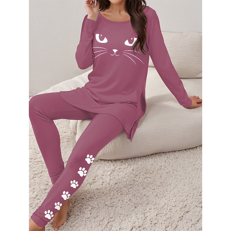 Ensemble détente deux pièces à motif chat et haut long pour femme