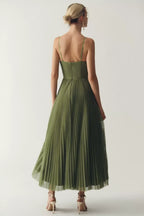 Robe Midi Femme Évasée À Bretelles Réglables Et Plissée