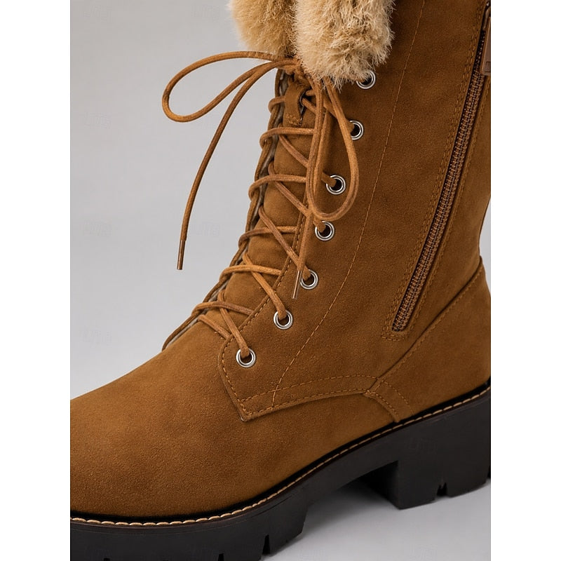 Bottes hautes femme à lacets avec revers en fourrure