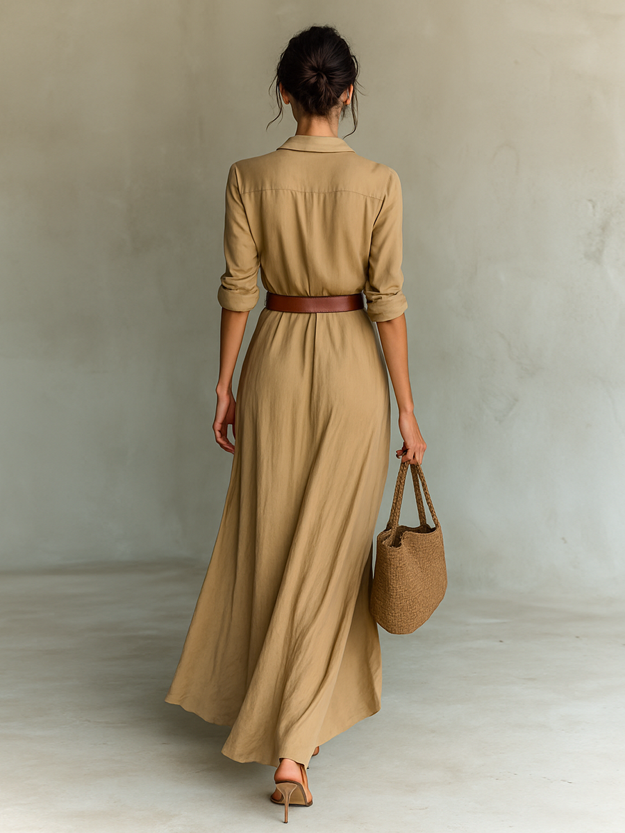 Robe Longue Femme Fluide En Polyester Col À Revers