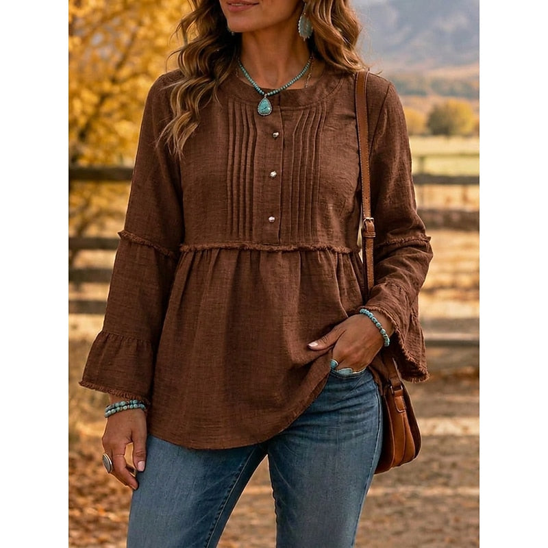 Blouse Plissée Femme À Basque Et Boutons
