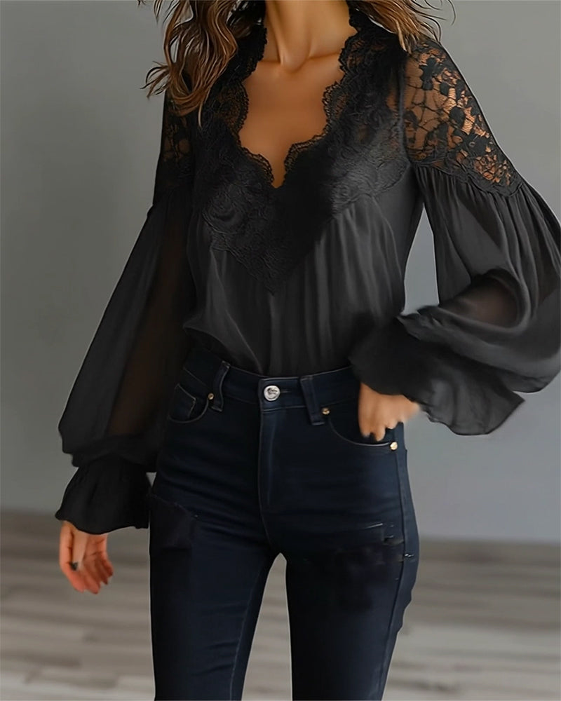 Blouse à col en dentelle et manches longues pour femme