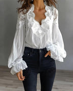 Blouse à col en dentelle et manches longues pour femme