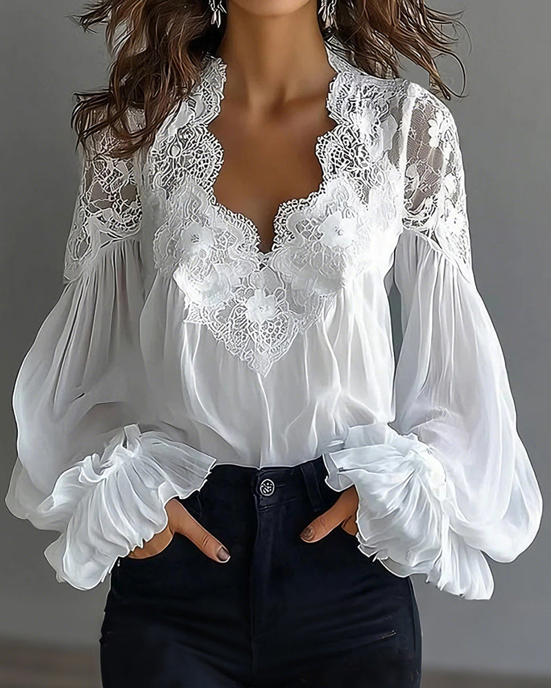 Blouse à col en dentelle et manches longues pour femme