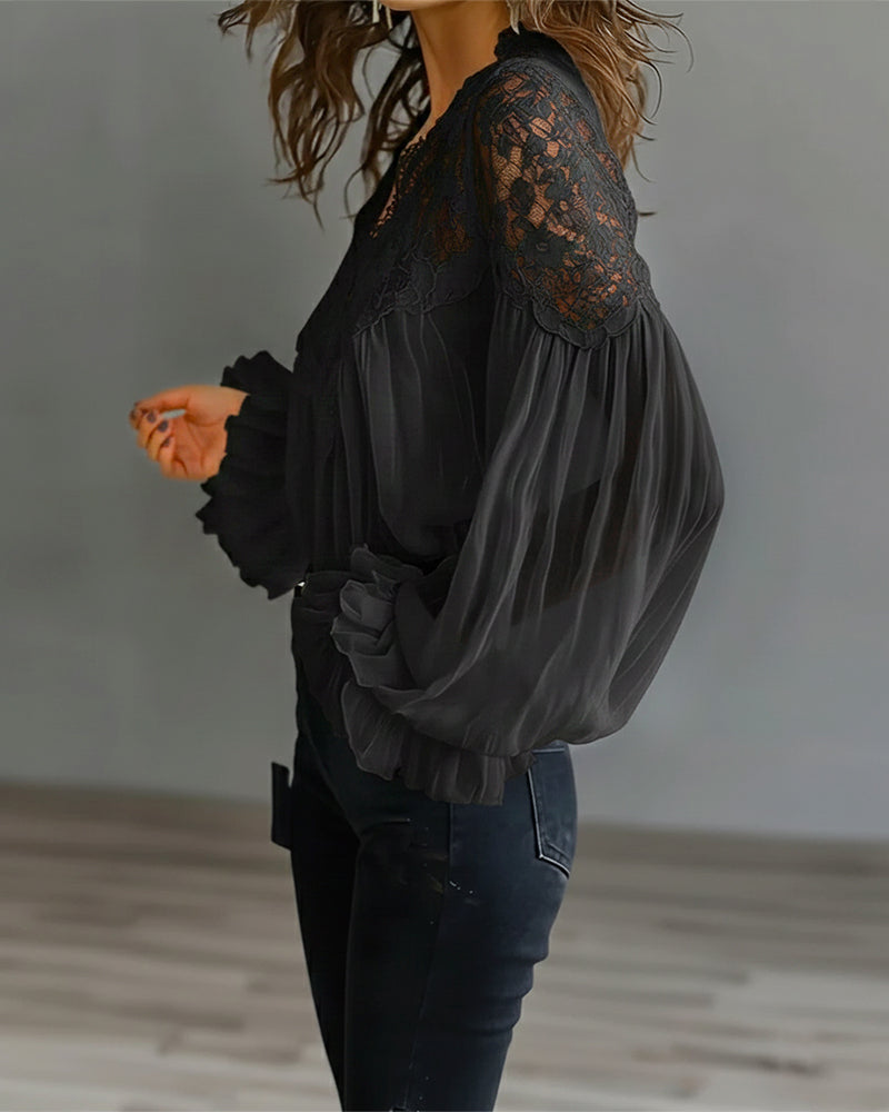 Blouse à col en dentelle et manches longues pour femme