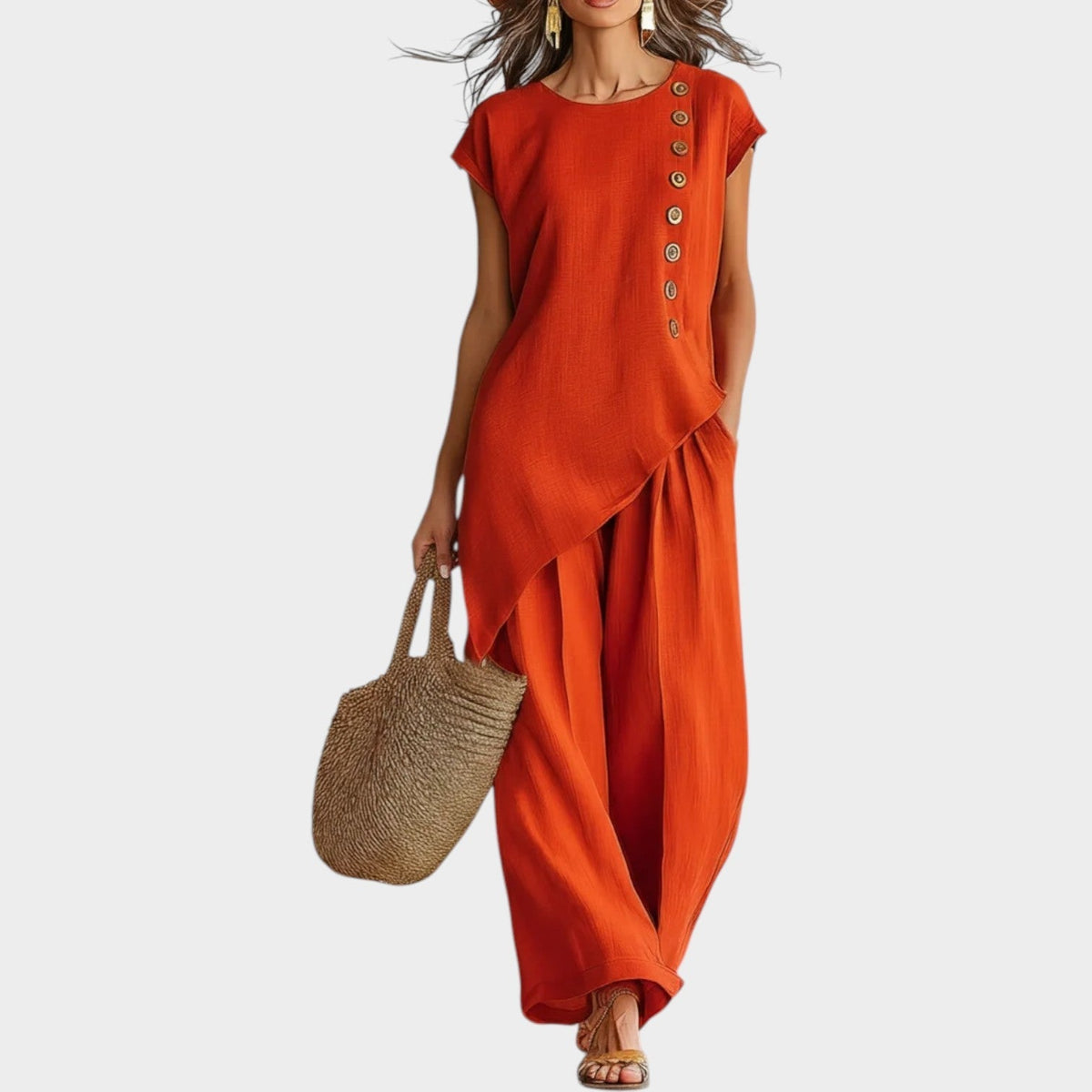 Ensemble Femme En Lin Haut Asymétrique Et Pantalon Large