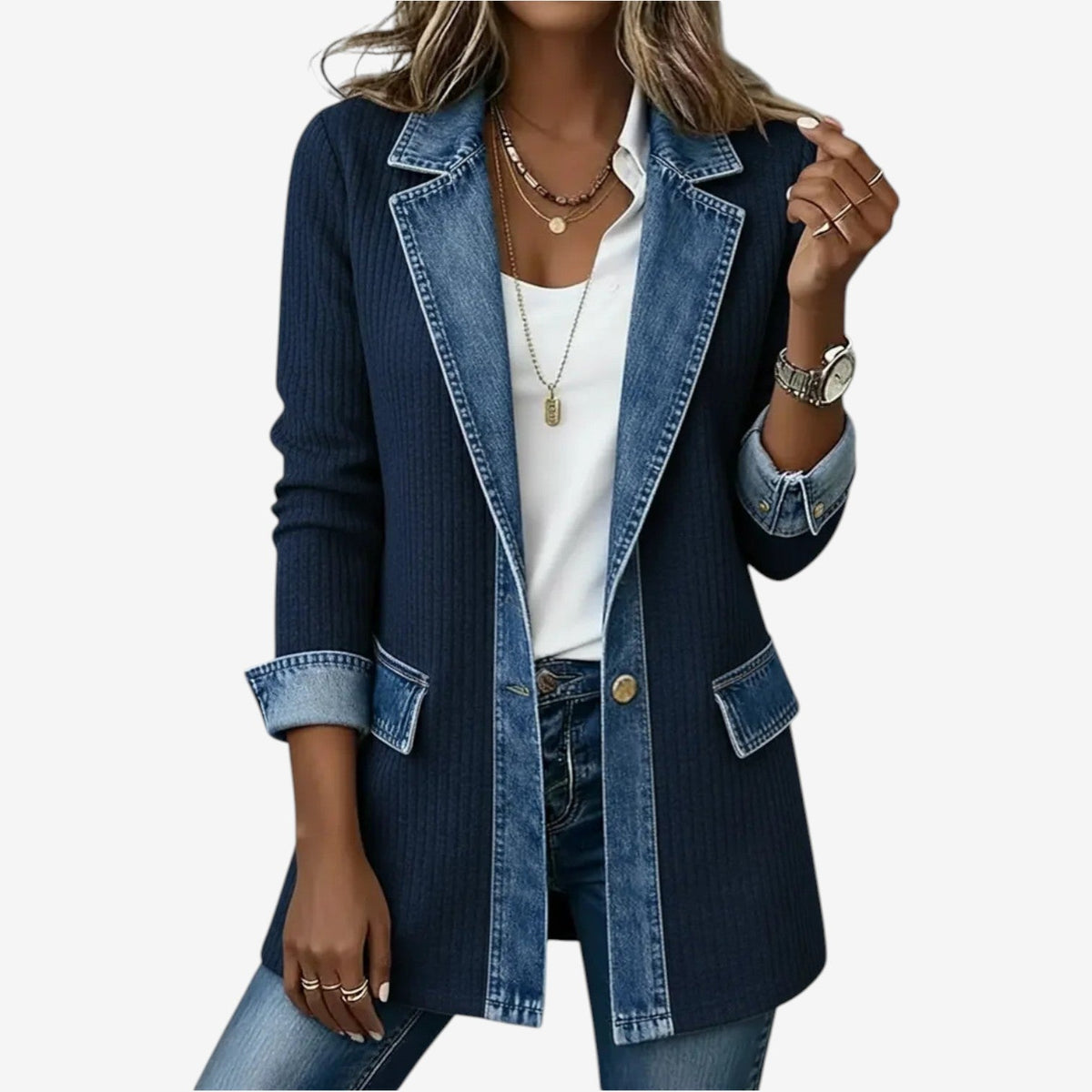 Veste Femme Boutonnée À Col Superposé Et Matières Mixtes