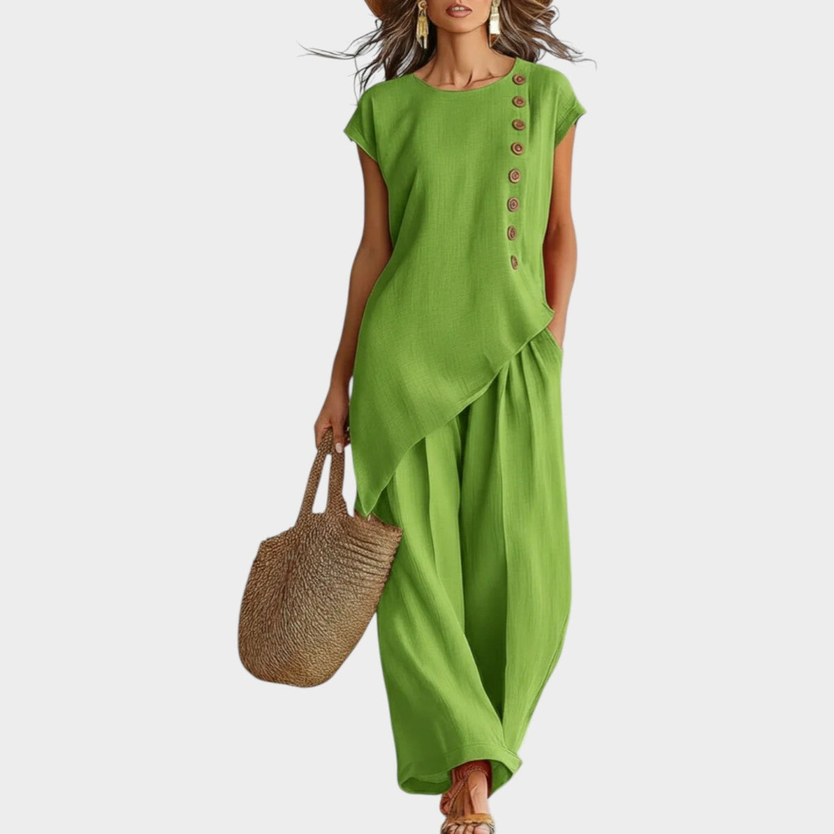 Ensemble Femme En Lin Haut Asymétrique Et Pantalon Large