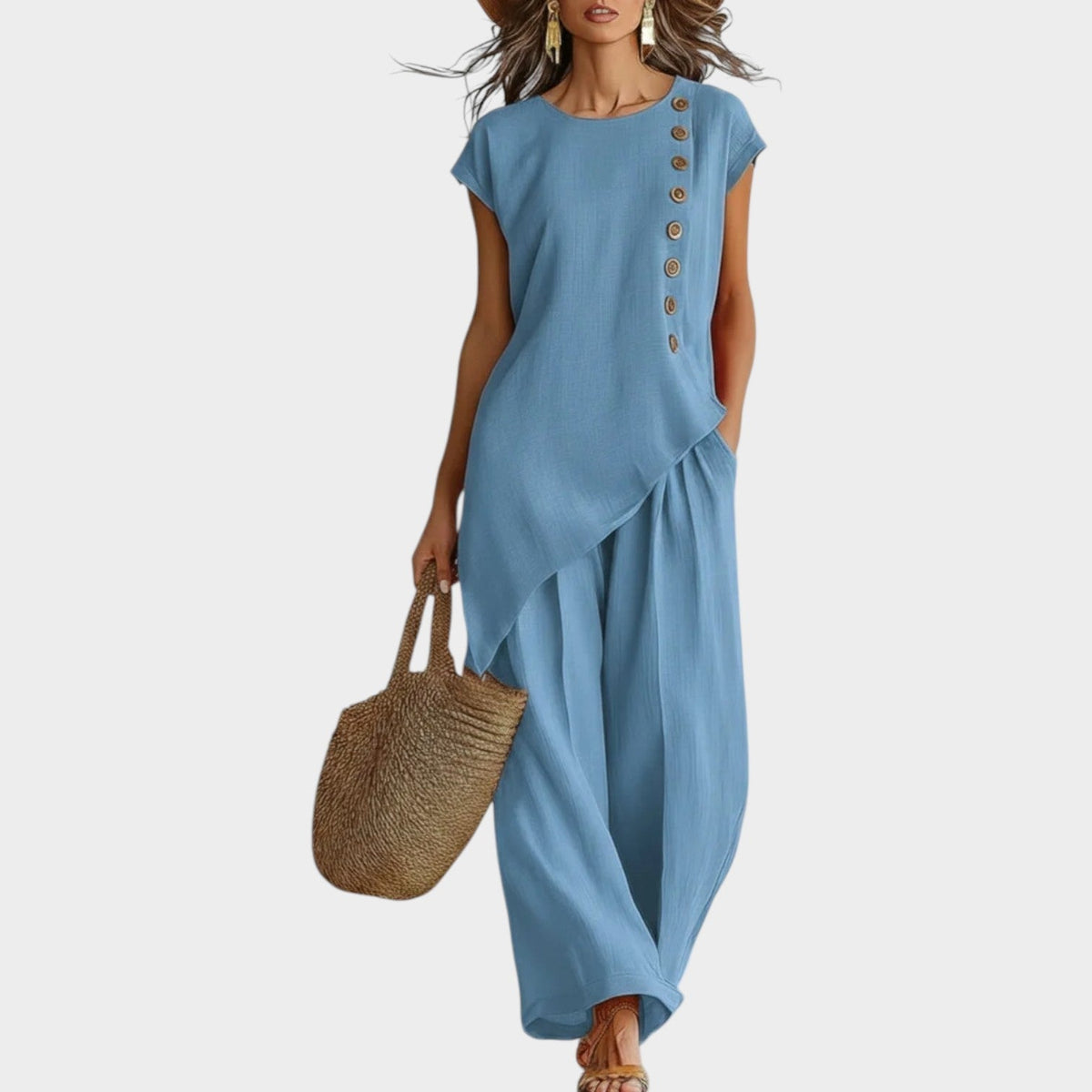 Ensemble Femme En Lin Haut Asymétrique Et Pantalon Large