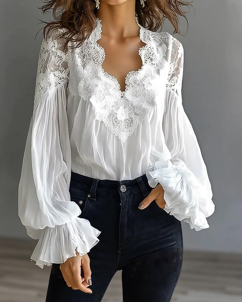 Blouse à col en dentelle et manches longues pour femme