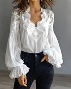 Blouse à col en dentelle et manches longues pour femme