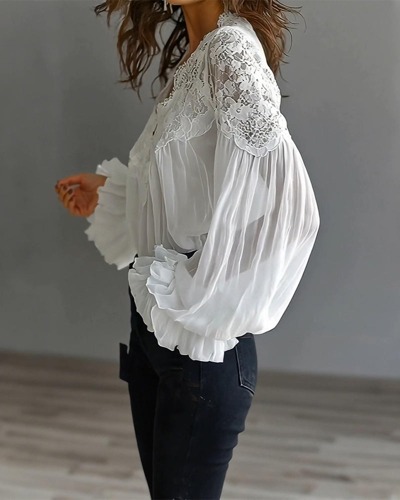 Blouse à col en dentelle et manches longues pour femme