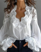 Blouse à col en dentelle et manches longues pour femme