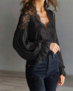 Blouse à col en dentelle et manches longues pour femme
