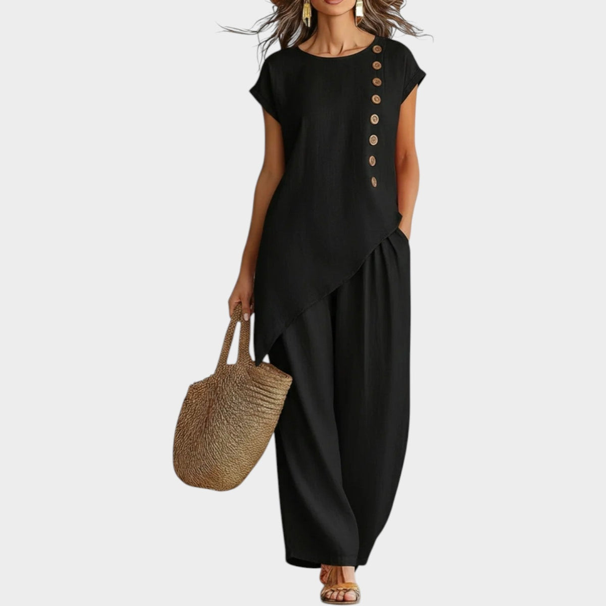 Ensemble Femme En Lin Haut Asymétrique Et Pantalon Large
