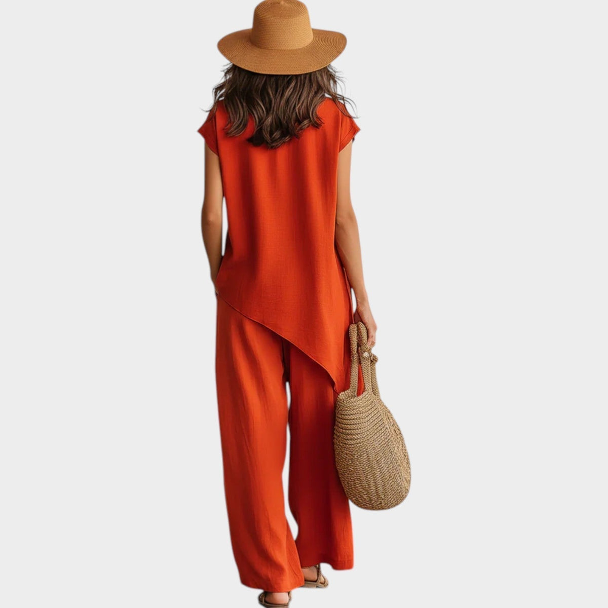 Ensemble Femme En Lin Haut Asymétrique Et Pantalon Large