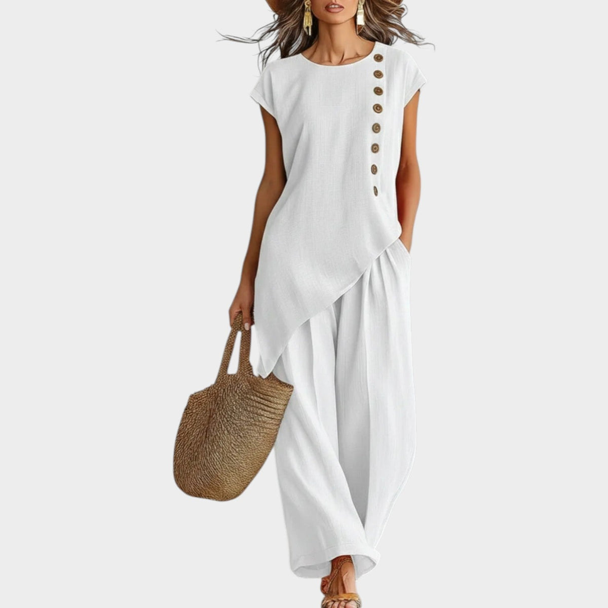 Ensemble Femme En Lin Haut Asymétrique Et Pantalon Large