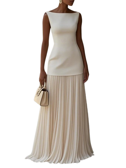 Robe longue plissée sans manches pour femme