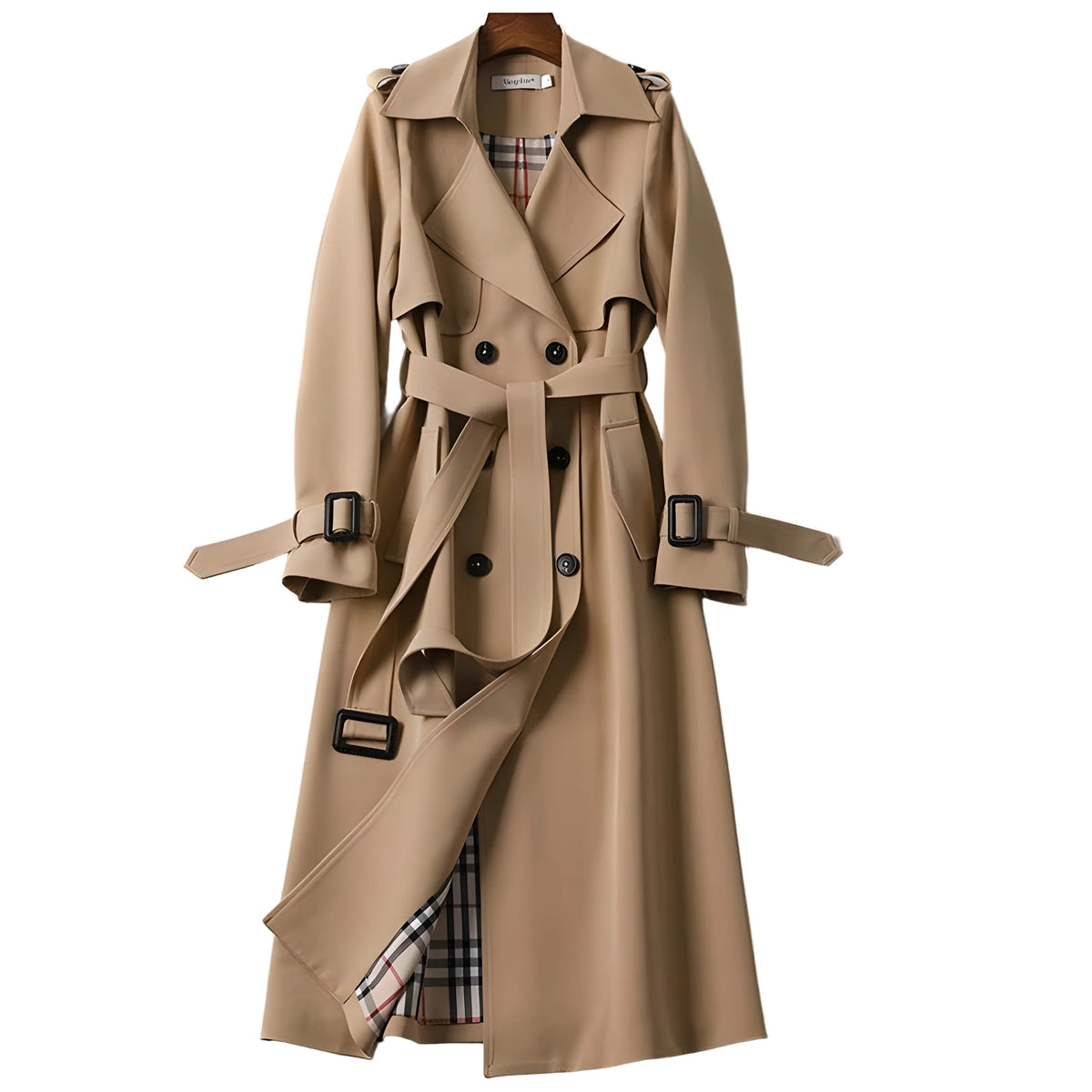 Trench long à épaules structurées et taille cintrée pour femme