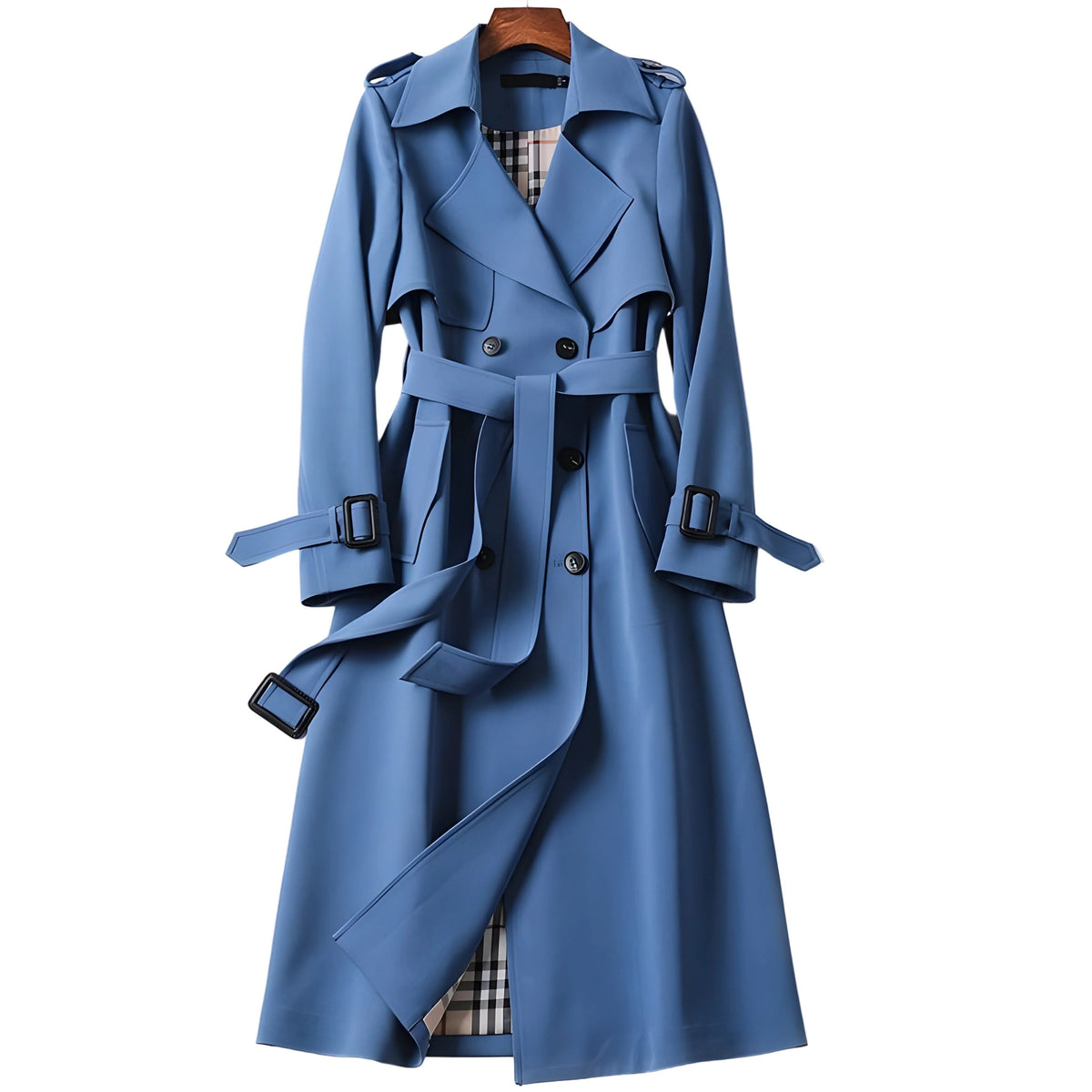 Trench long à épaules structurées et taille cintrée pour femme