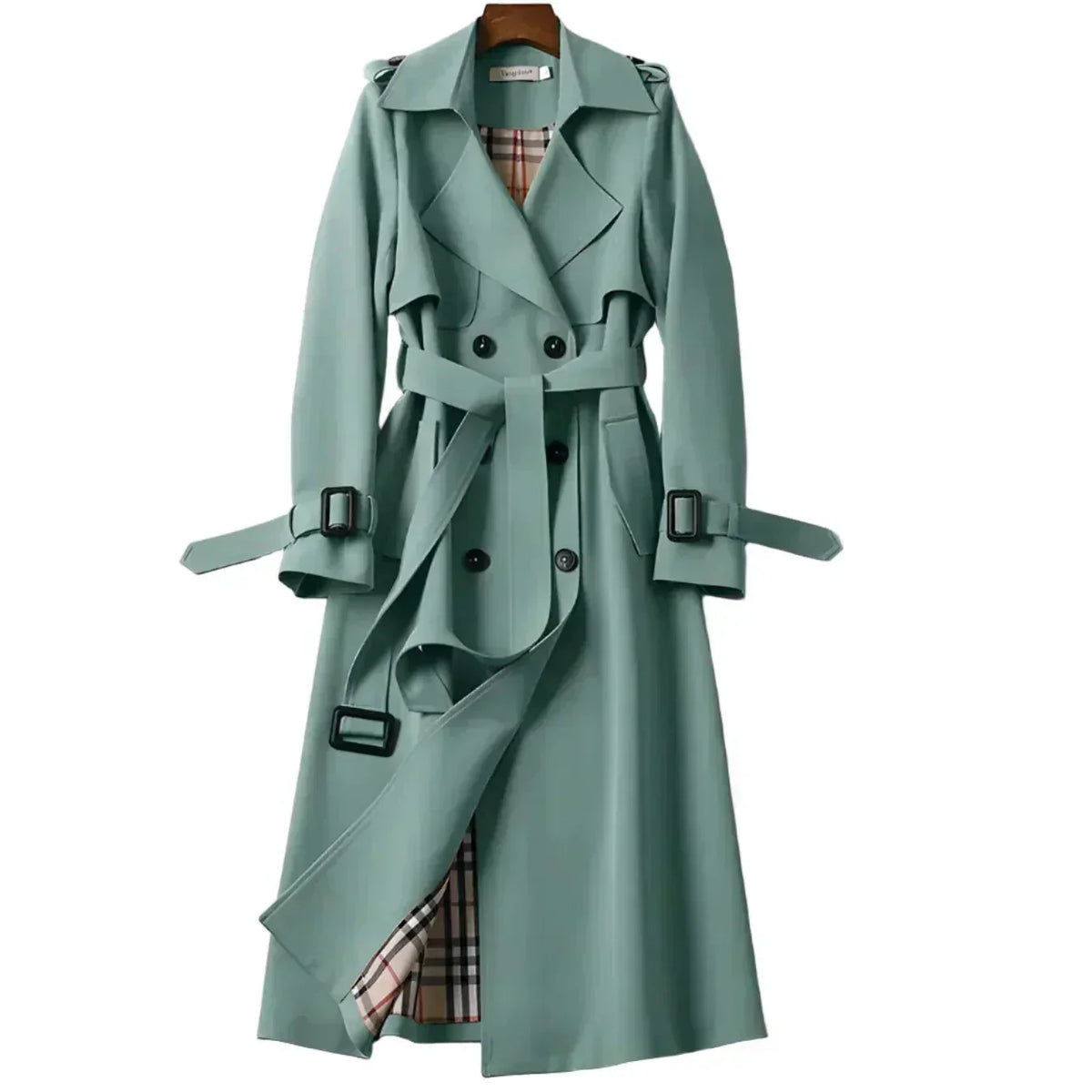Trench long à épaules structurées et taille cintrée pour femme