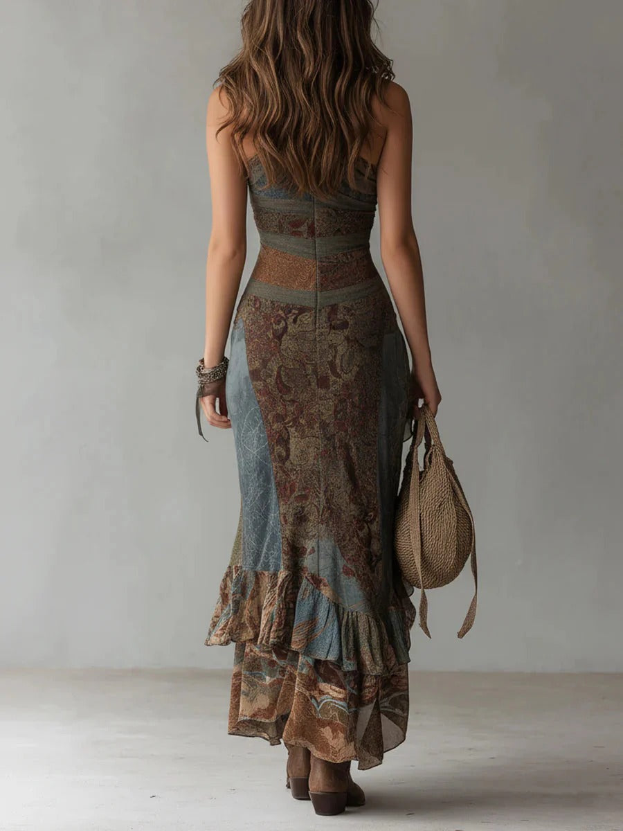 Robe longue asymétrique à imprimé ethnique et fente pour femme