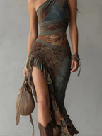 Robe longue asymétrique à imprimé ethnique et fente pour femme