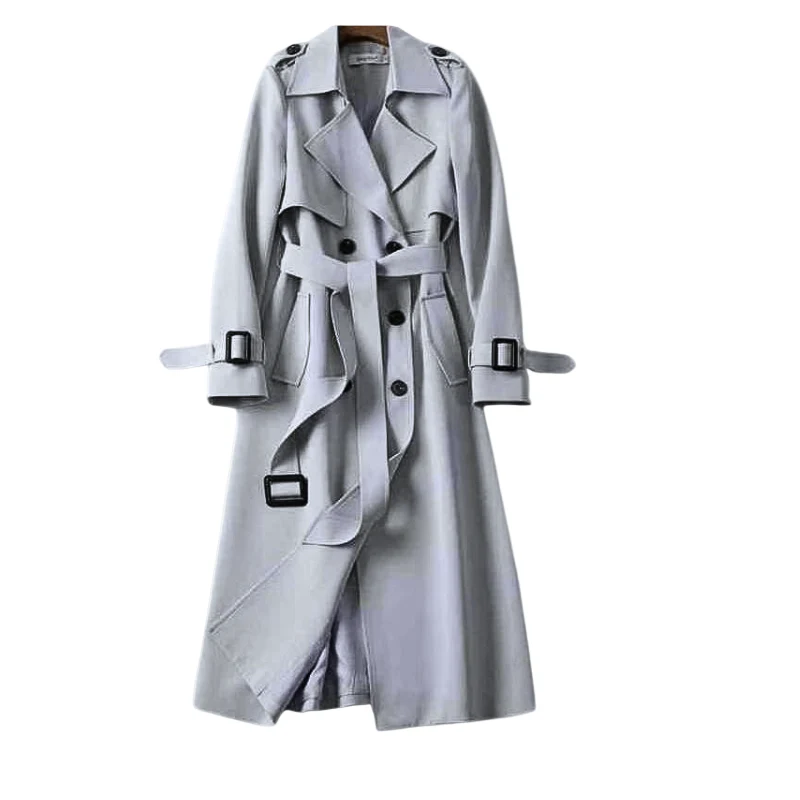 Trench long à épaules structurées et taille cintrée pour femme