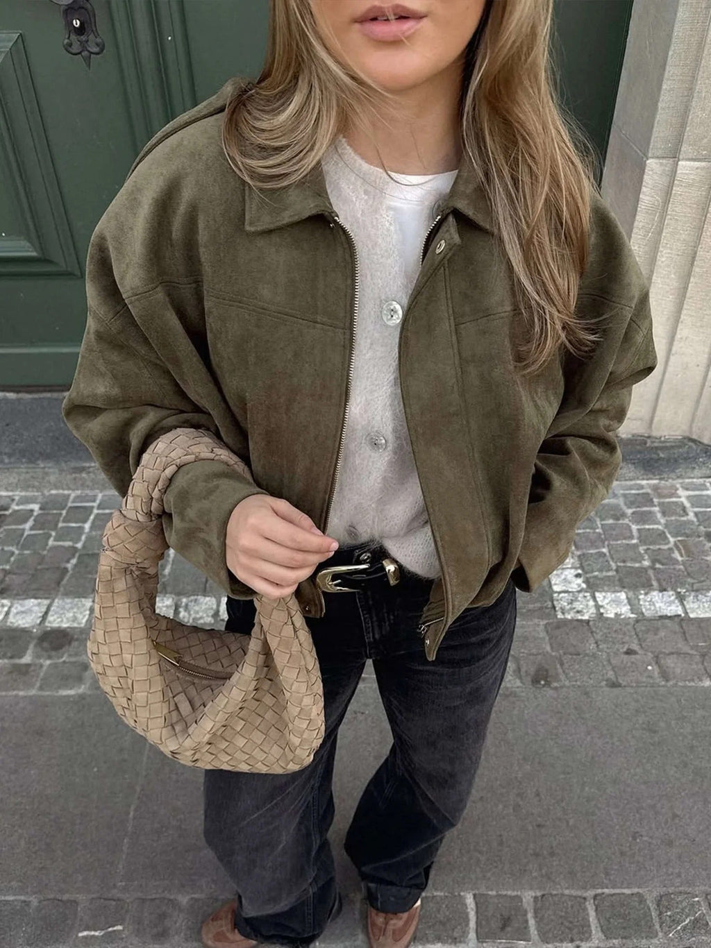 Blouson en suédine à col rabattu et finitions côtelées pour femme