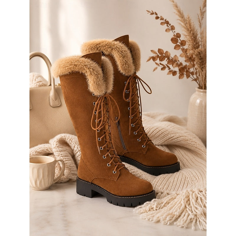 Bottes hautes femme à lacets avec revers en fourrure