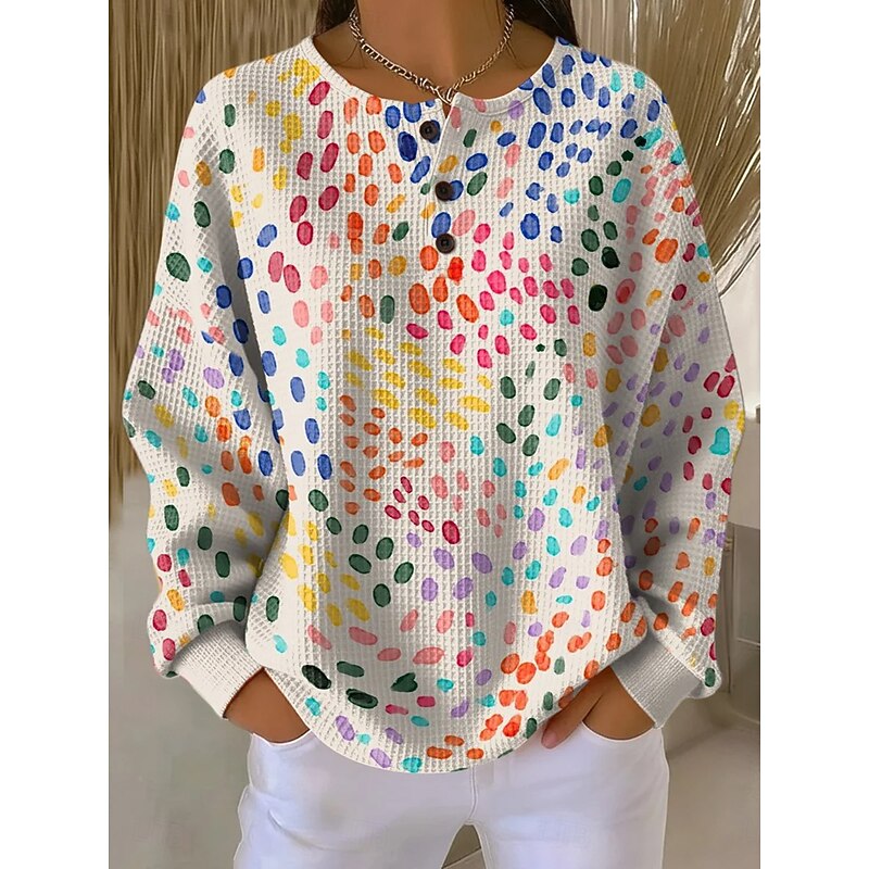 Sweat texturé à imprimé artistique et col boutonné pour femme