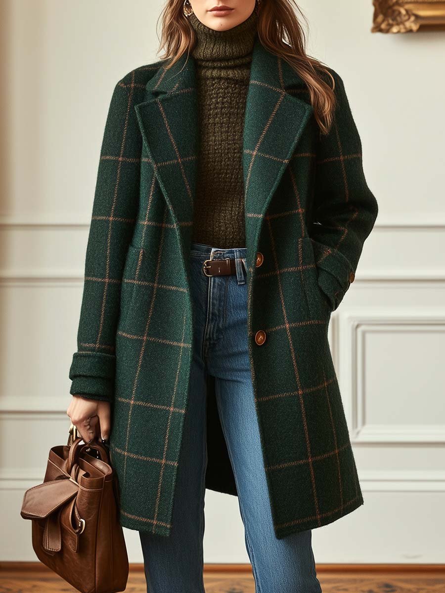 Manteau Femme À Carreaux Col Cranté Et Coupe Droite