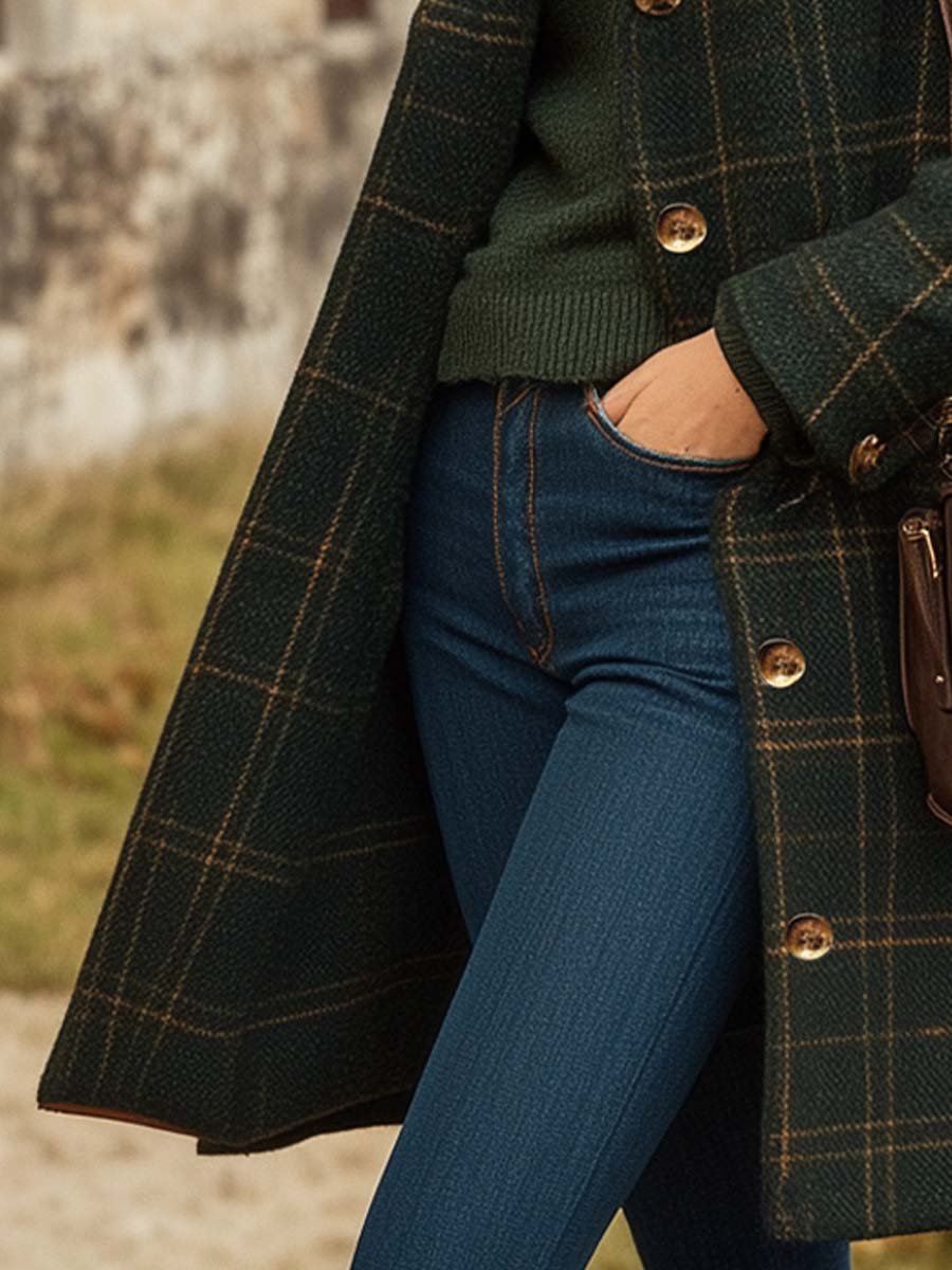 Manteau Long Femme En Laine À Carreaux Boutonné