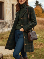 Manteau Long Femme En Laine À Carreaux Boutonné