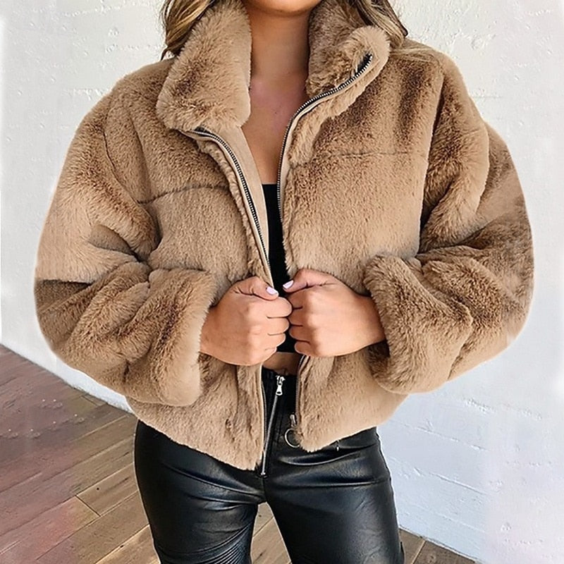 Manteau Court Zippé Femme À Col Montant