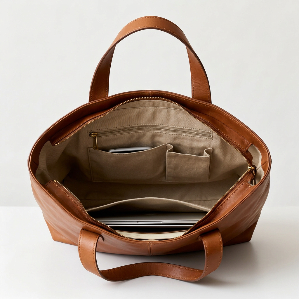 Brown Tote Bag | Top Zipper Closure And Interior Pockets
