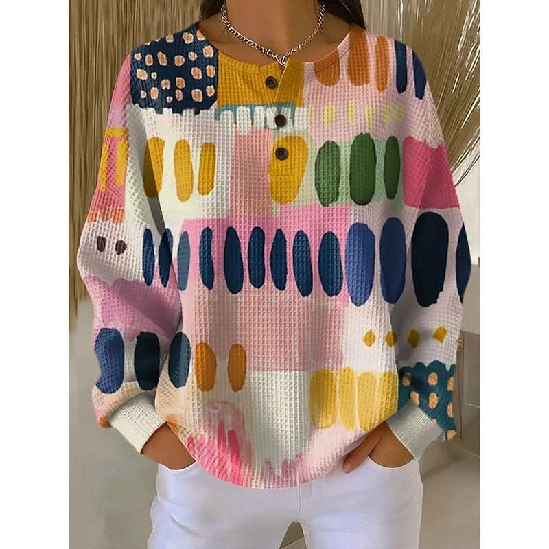 Sweat texturé à imprimé artistique et col boutonné pour femme